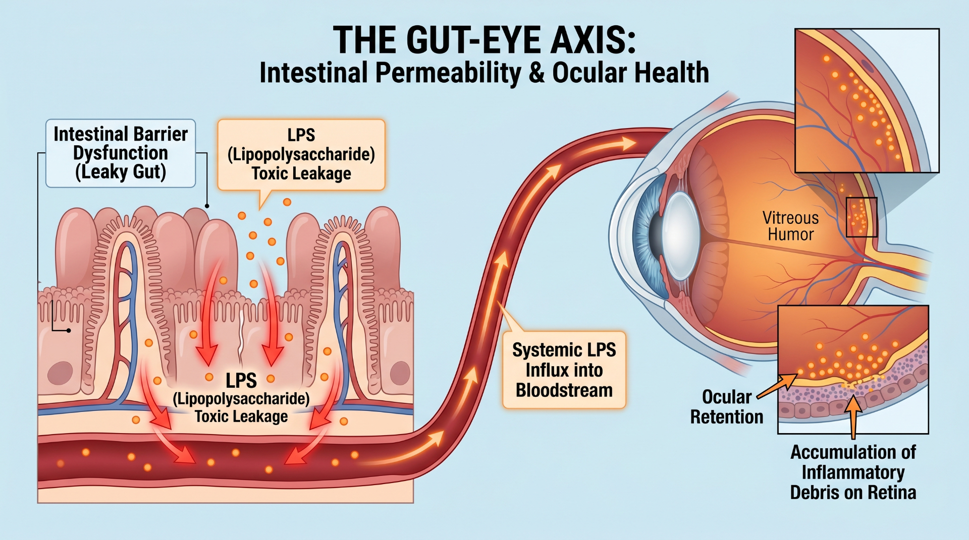 The Gut-Eye Axis: clinical infographic showing LPS leakage from the intestinal lining into the bloodstream and accumulation on the retina