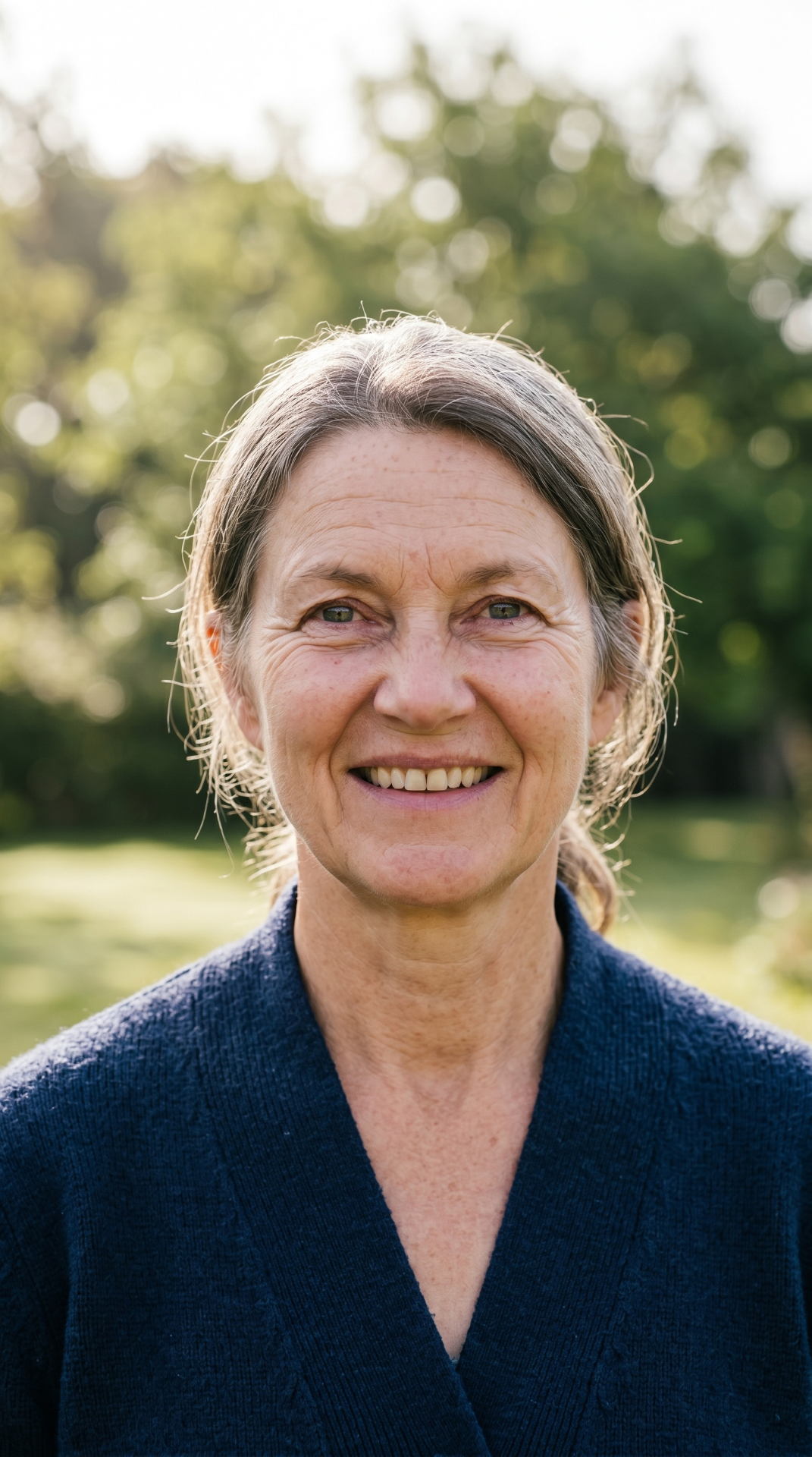 Joyful midlife woman with restored visual clarity smiling outdoors